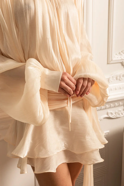 Draped Long-Sleeved Dress with Mini Skirt And Ruched Waistband - Ivoire
